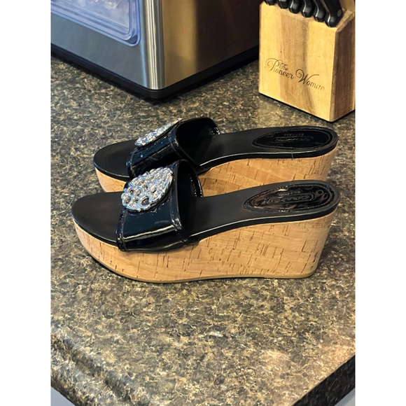 Coach Judith Black Patent Leather Cork Wedges - Picture 3 of 10